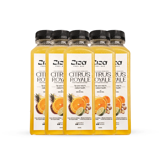 Five bottles of Ziza Fuel bar Citrus Royale juice Cold pressed natural juice on a white background. 