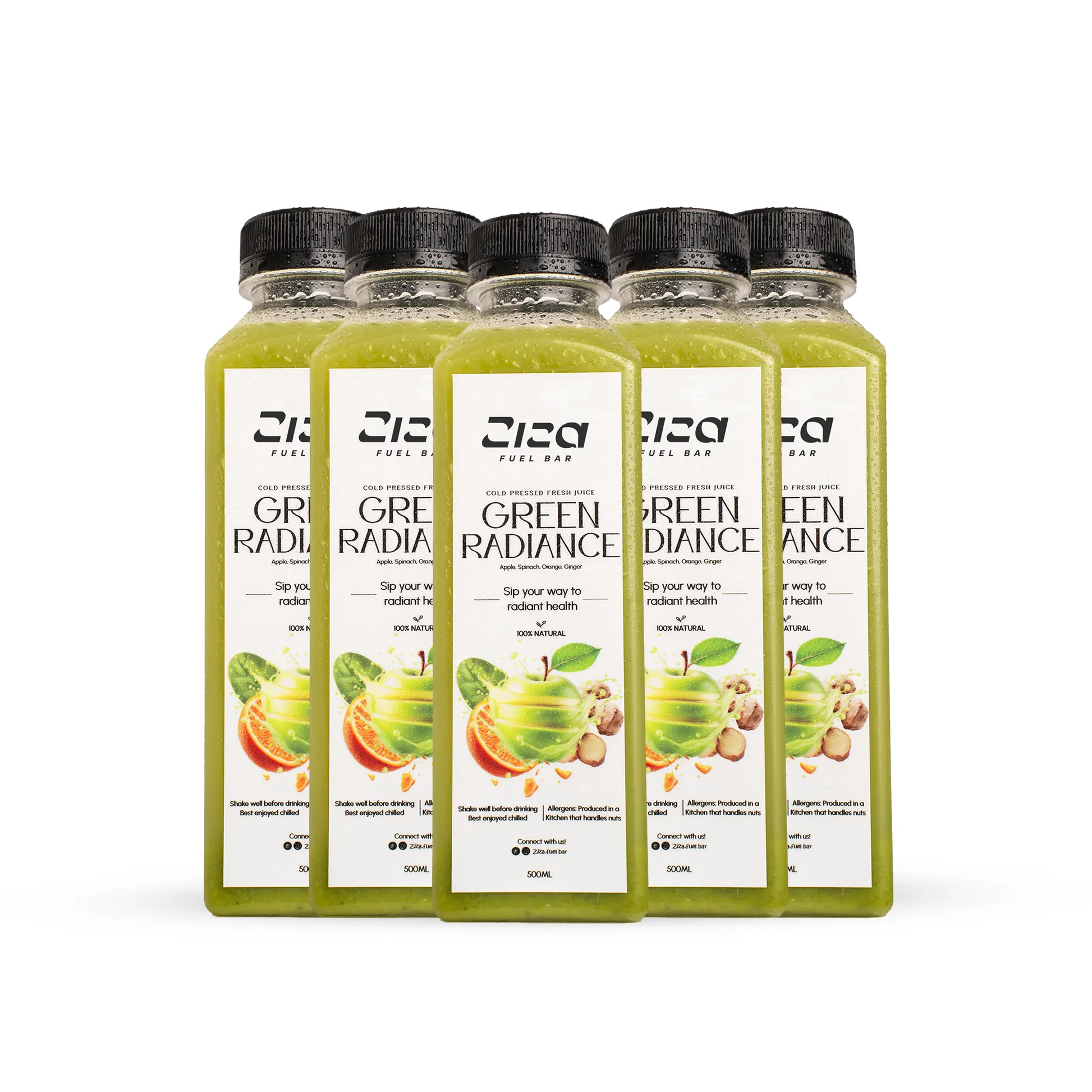 Five bottles of Ziza Fuel bar Green Radiance Cold Pressed Juice on a white background