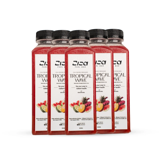 Five bottles of Ziza Cold pressed juice -Tropical Wave on a white background