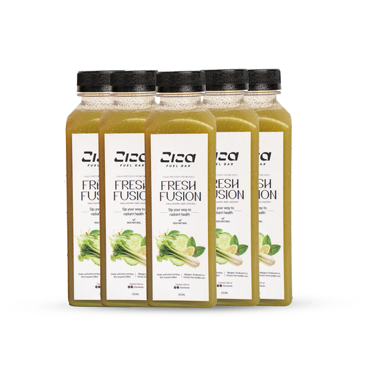 Five bottles of Ziza Fresh Fusion cold pressed juice on a white background