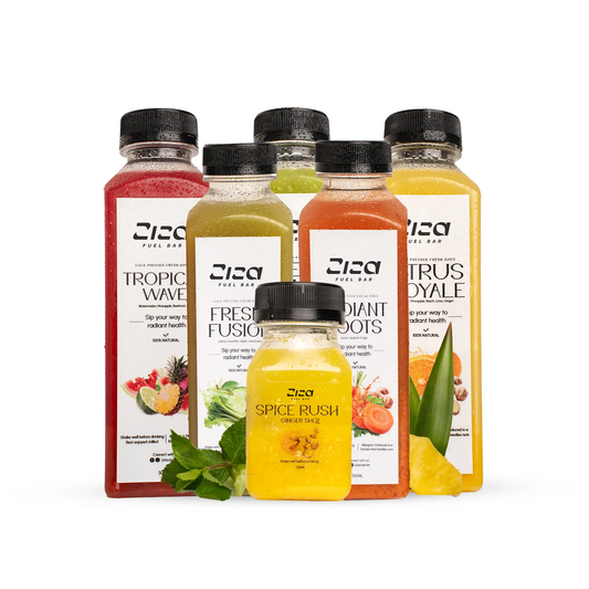 Five bottles of Ziza fuel bar cold pressed ultimate detox juice cleanse with different flavors on a white background