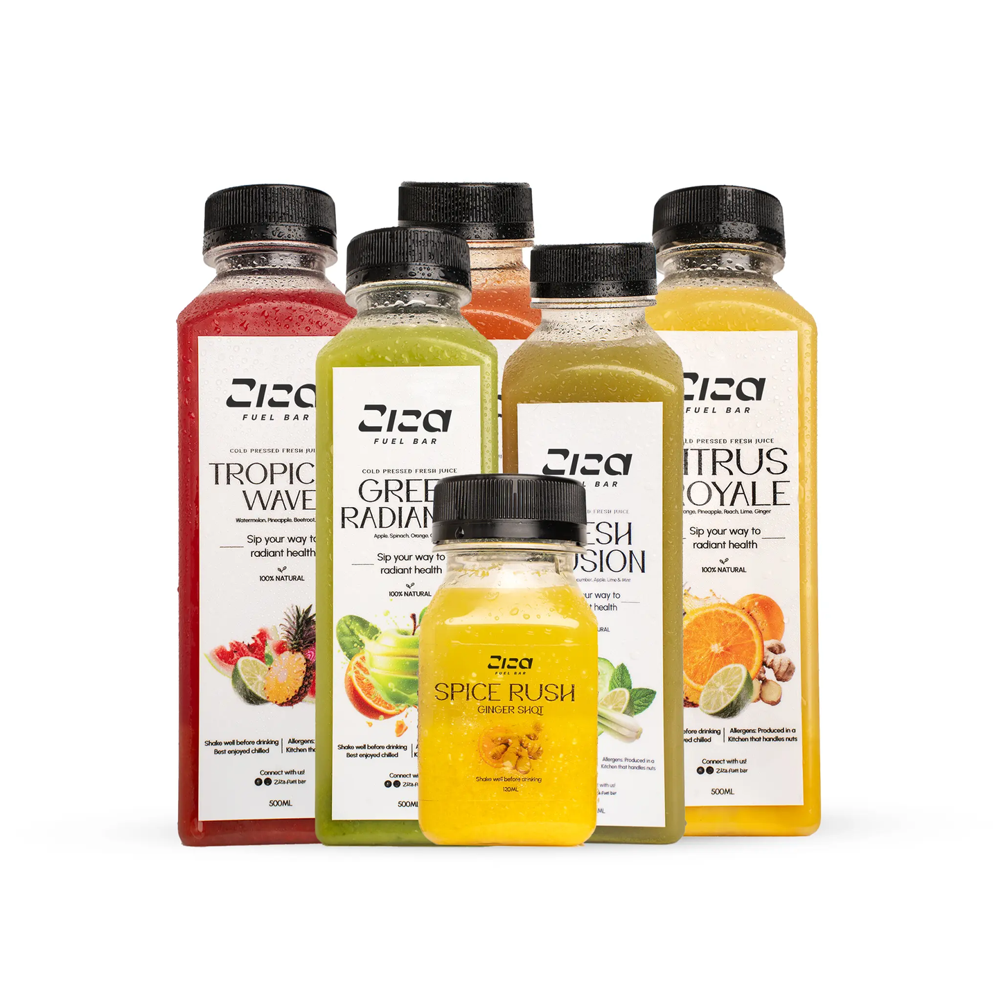 Five different bottles of Ziza fuel bar cold pressed cleanse juice on white background