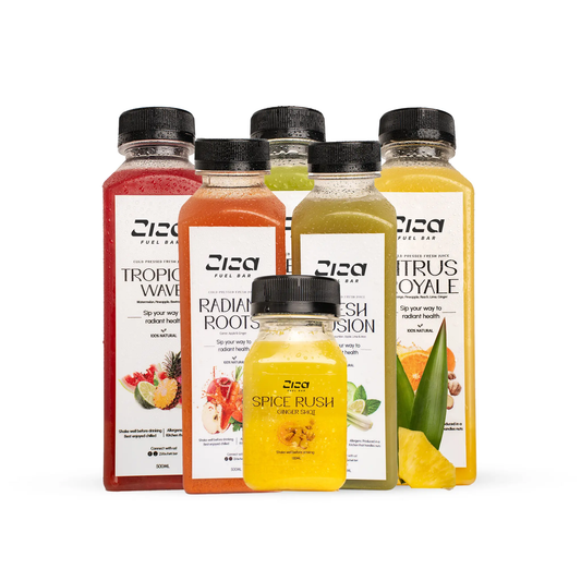 Five different bottles of Ziza fuel bar cold pressed cleanse juice on white background