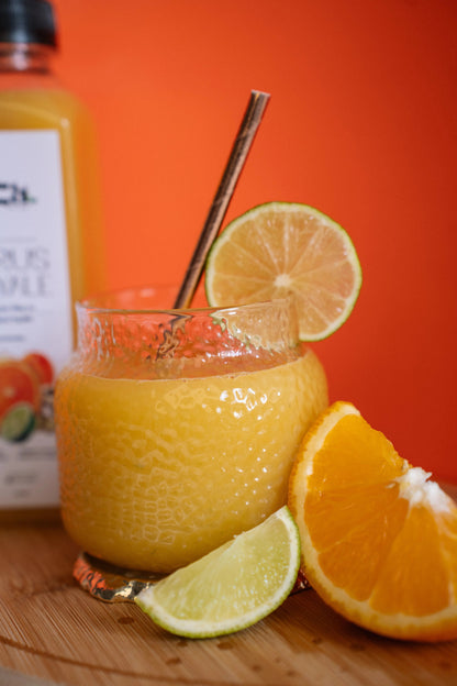 Fresh citrus royale cold pressed juice from Ziza Fuel Bar UK lifestyle shoot